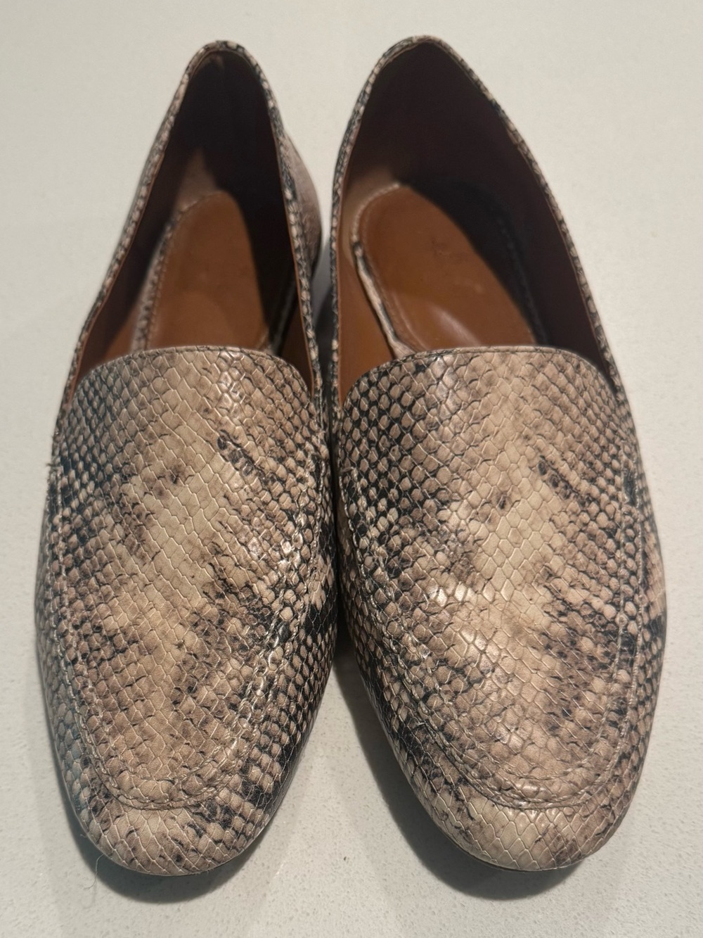 Halogen Snake-Print Slip-On Loafers in Beige and Black